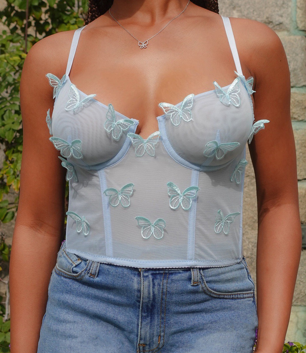 Blue Butterfly and Heart Print Mesh Top