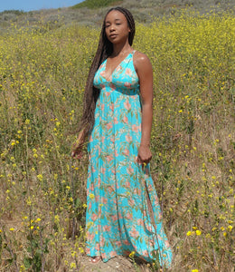 Field Of Gold Floral Maxi Dress(Lake Blue)
