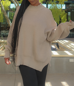 Oversized Side Slit Ribbed Sweater(Beige)