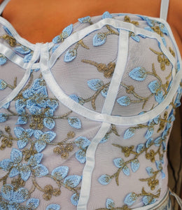 Blooming Mesh Floral Corset Top(Blue)