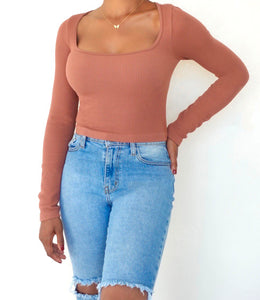 Leilani Ribbed Square Neck Top(Cocoa)