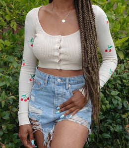 Embroidered Cherry Crop Top(Oatmeal)