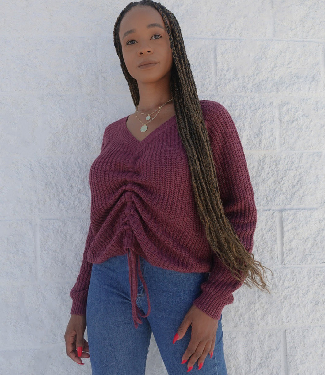 Harlow Knitted Ruched Sweater(Cherry Stone)