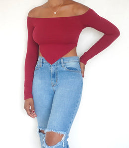 Miley Off Shoulder Ribbed Triangle Cut Top(Burgundy)
