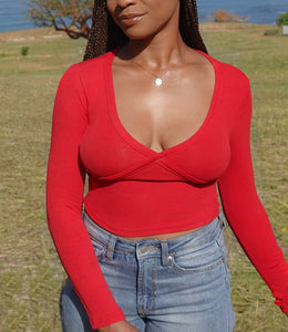 Ribbed Long Sleeve Basic Top (Red)